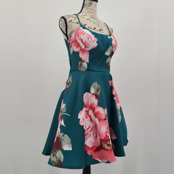 David's Bridal Dresses & Skirts - David's Bridal City Triangles Teal and Pink Lace Back Floral Mini Dress